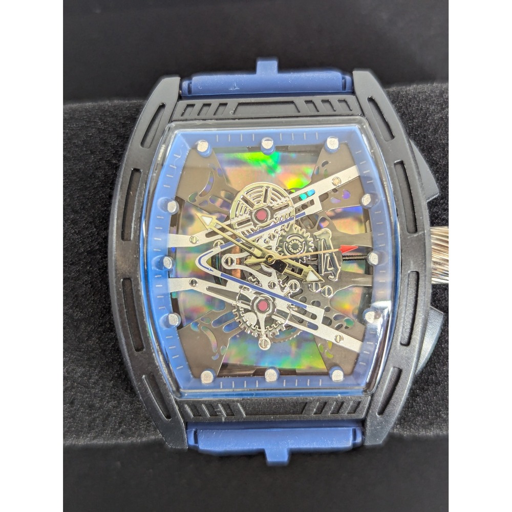 43mm Blue Silicone Skeleton Dial Luminous Hands Quartz Watch Plastic Case